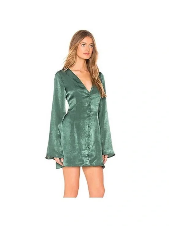 L'Academie Emerald Satin V-Neck Button Mini Dress - Picture 2 of 9